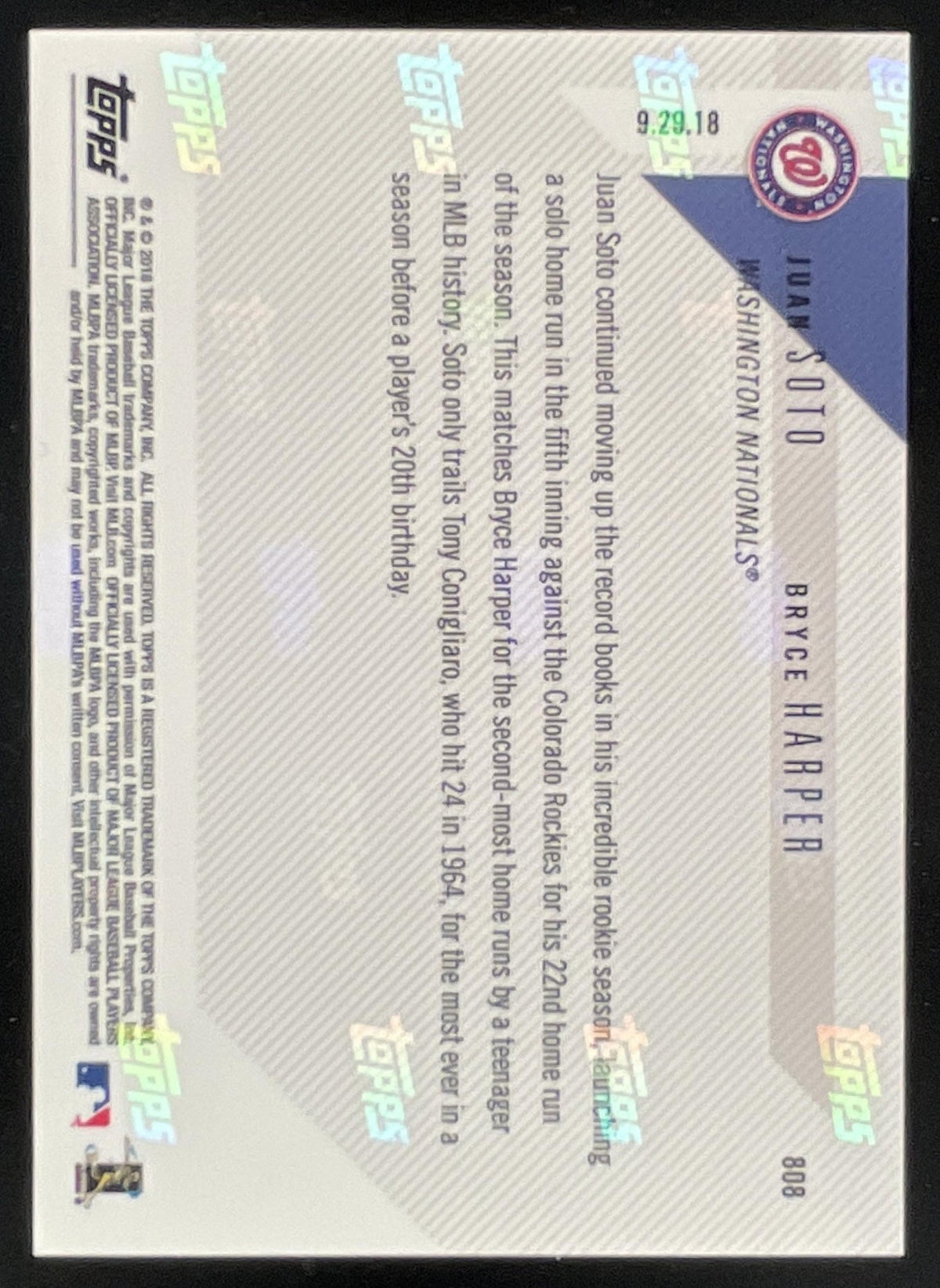 2018 Topps Now #808 Juan Soto Bryce Harper product image 2, provided for visual reference and product detail review