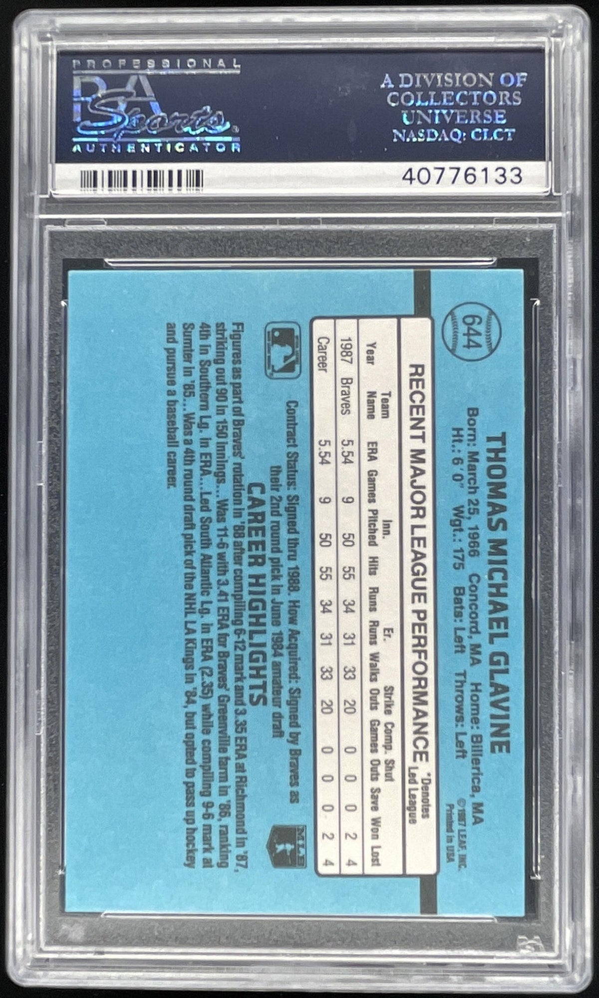 1988 Donruss #644 Tom Glavine RC PSA 10 product image 2, provided for visual reference and product detail review