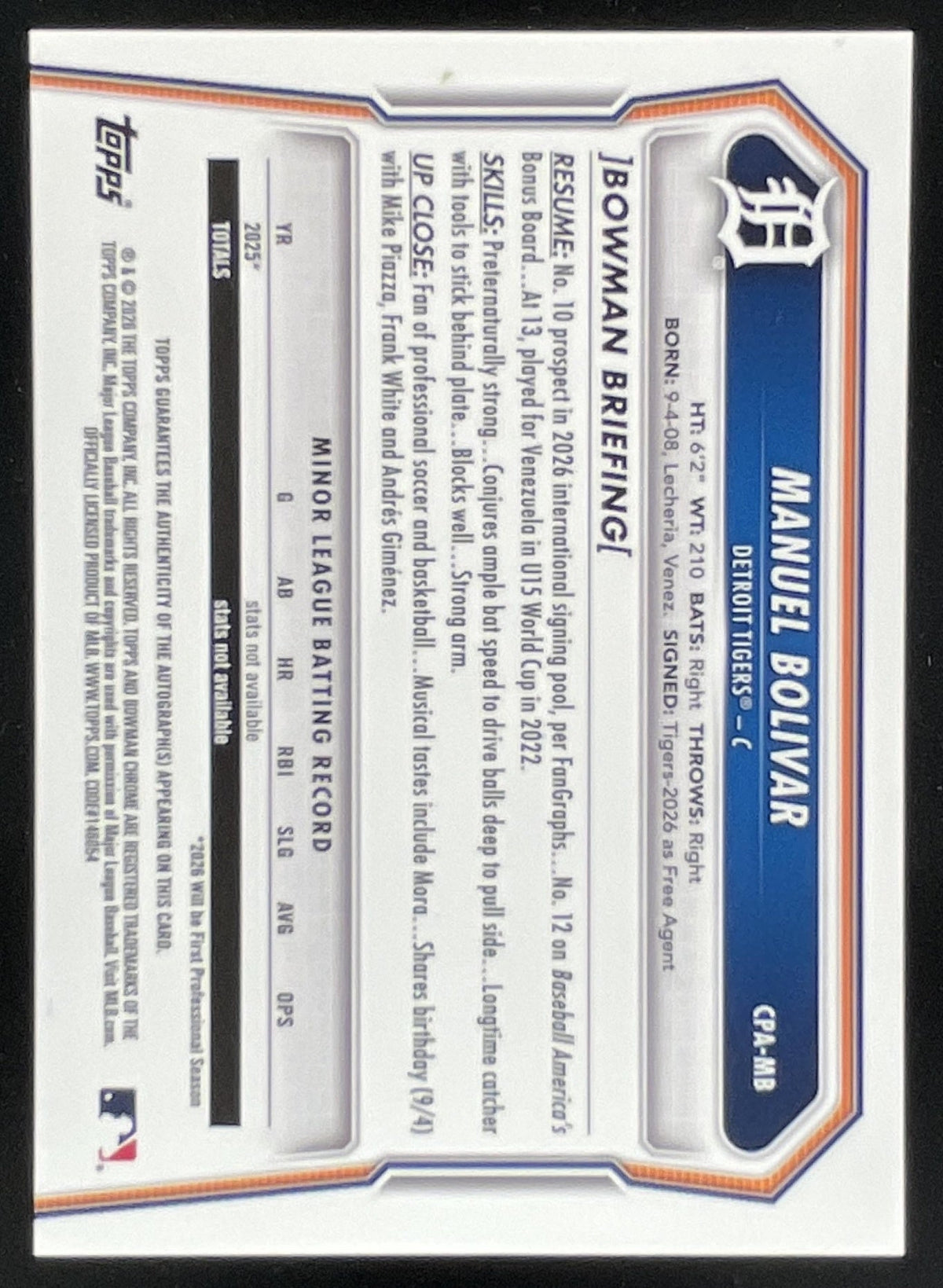 2026 Bowman Chrome Prospects Autograph #CPA-MB Manuel Bolivar RC Auto product image 2, provided for visual reference and