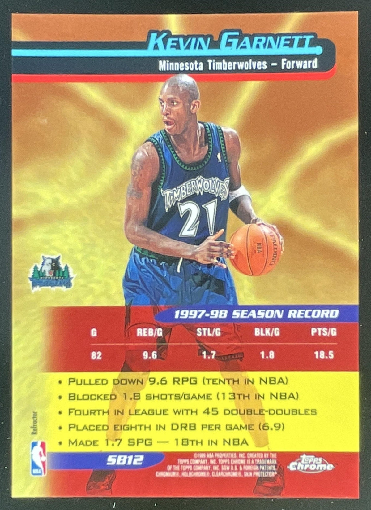 1998-99 Topps Chrome Season's Best Refractor #SB12 Kevin Garnett product image 2, provided for visual reference and product
