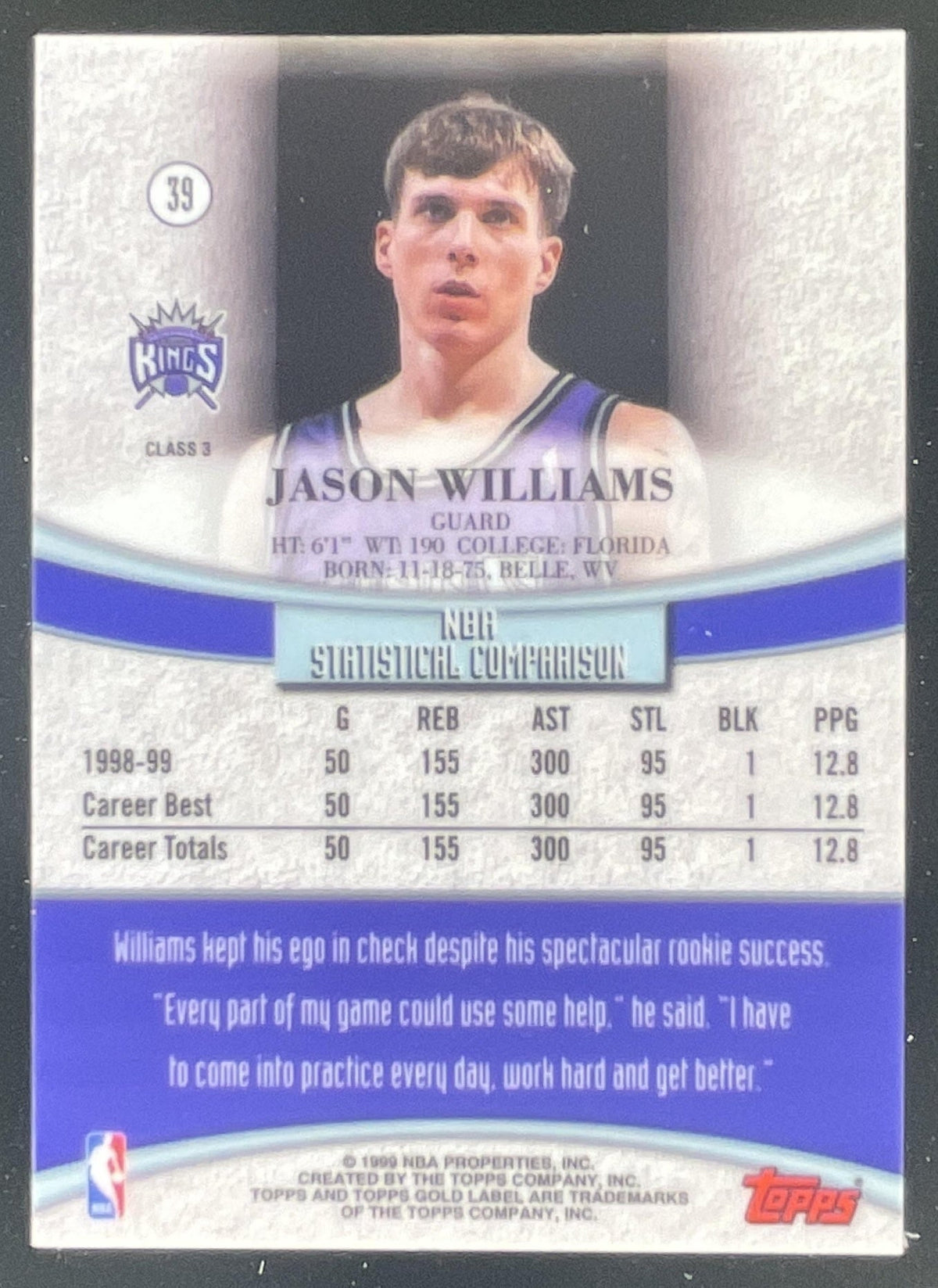1999-00 Topps Gold Label Class 3 #39 Jason Williams product image 2, provided for visual reference and product detail review