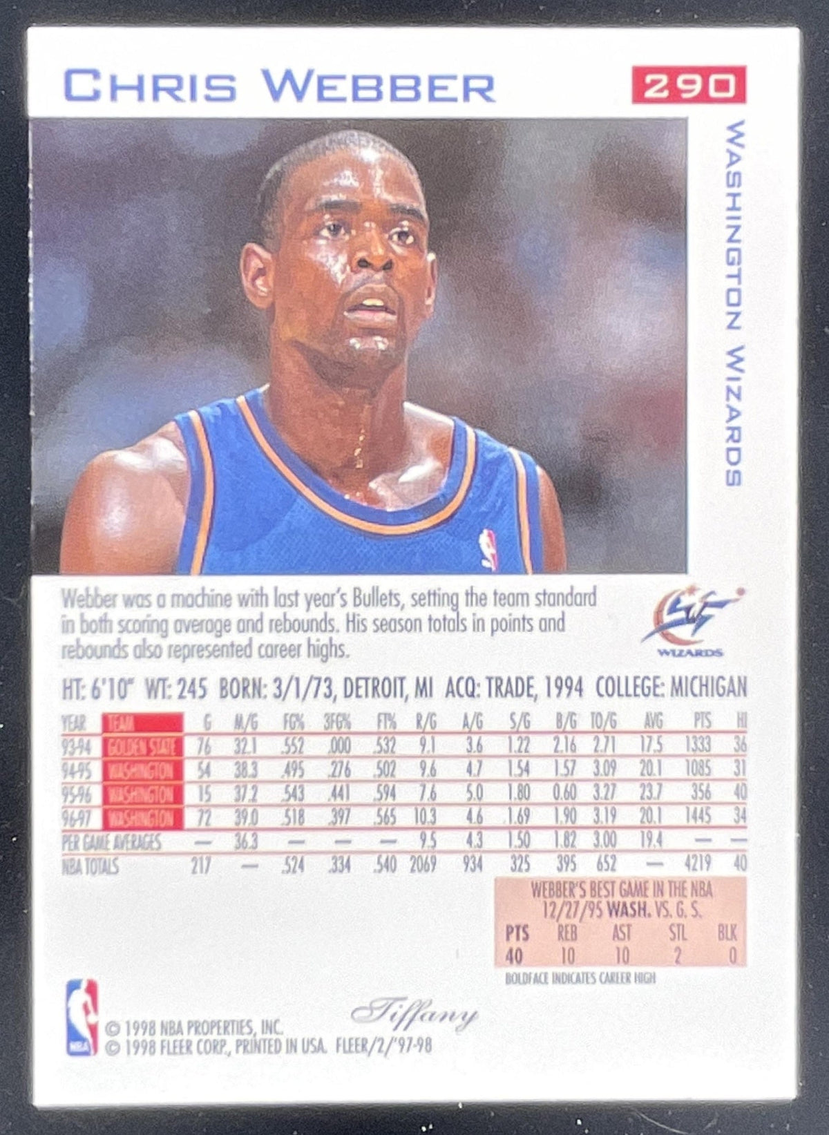 1997-98 Fleer Traditions Tiffany #290 Chris Webber product image 2, provided for visual reference and product detail review