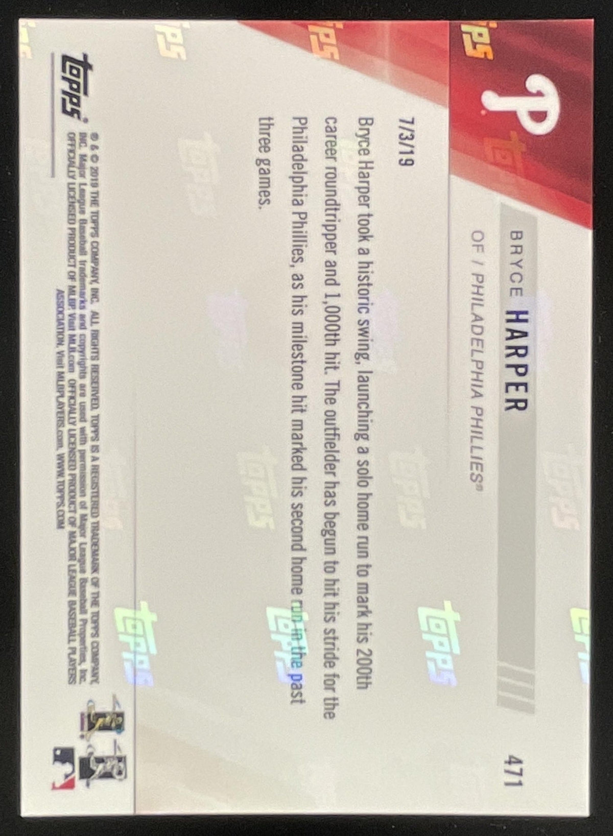 2019 Topps Now #471 Bryce Harper product image 2, provided for visual reference and product detail review