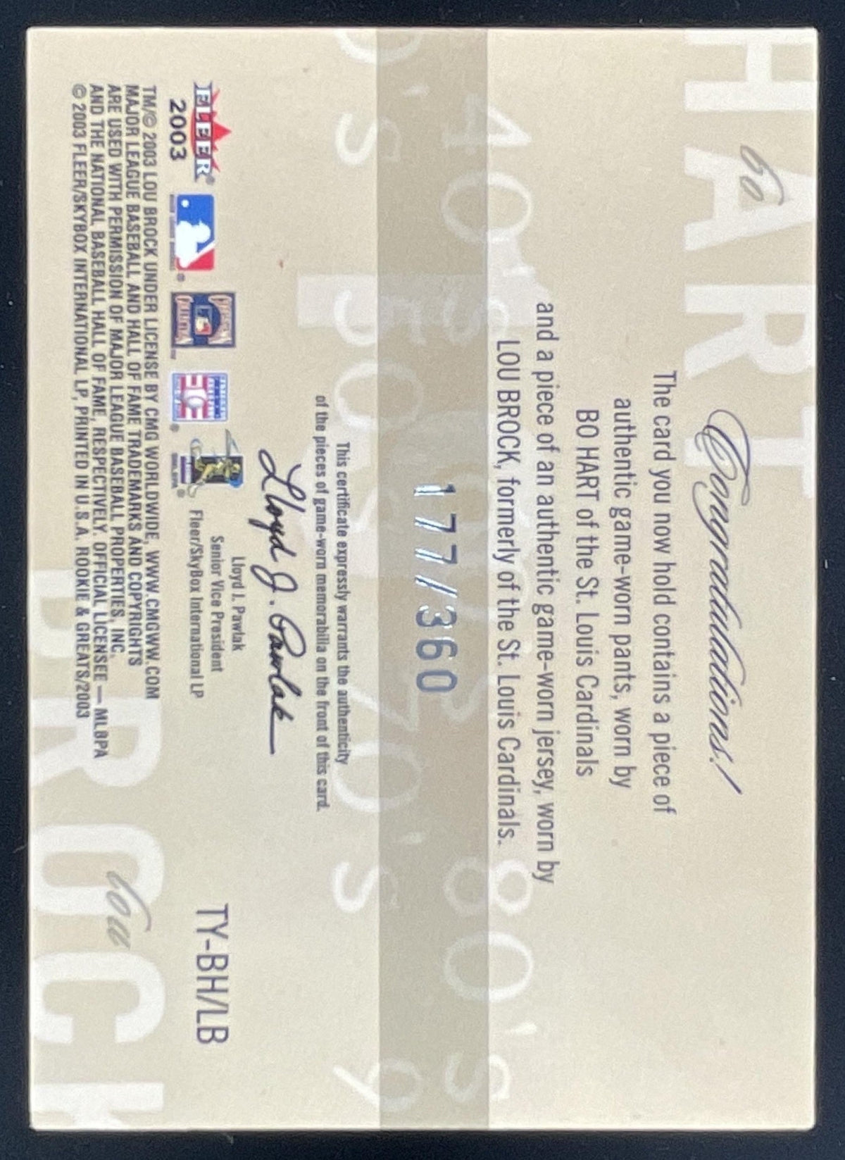 2003 Fleer Rookies & Greats Through Years Game Used Dual Bo Hart Lou Brock /360 product image 2, provided for visual