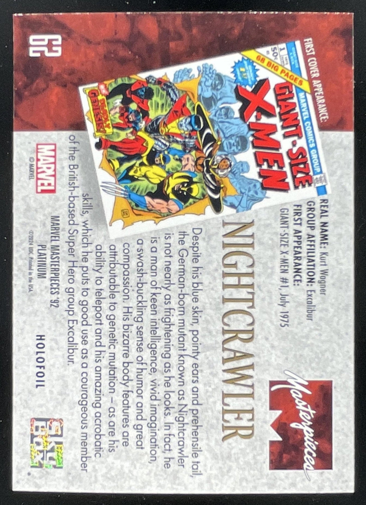 2024 Upper Deck Marvel Masterpieces '92 Platinum Holofoil #62 Nightcrawler product image 2, provided for visual reference