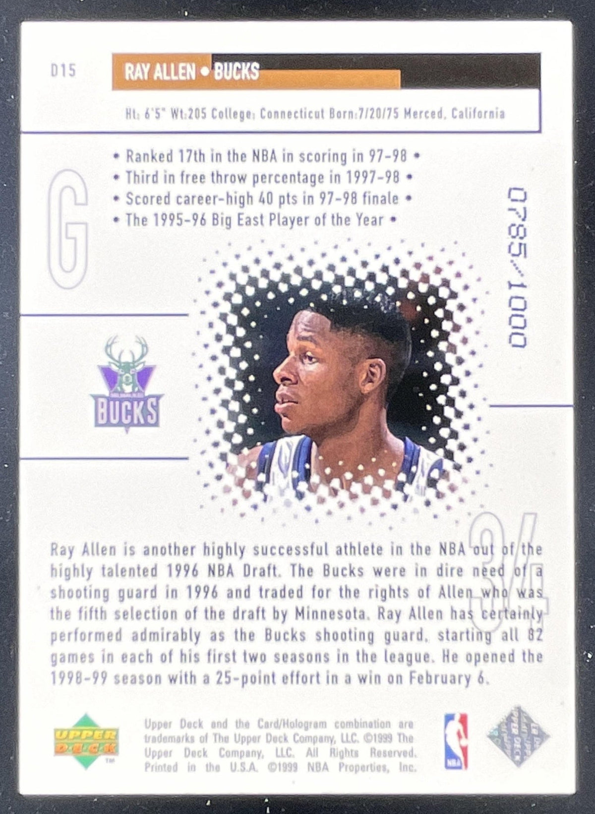 1998-99 Upper Deck Black Diamond Dominance #D15 Ray Allen /1000 product image 2, provided for visual reference and product