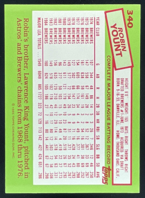 1985 Topps Tiffany - #340 Robin Yount product image 2, provided for visual reference and product detail review
