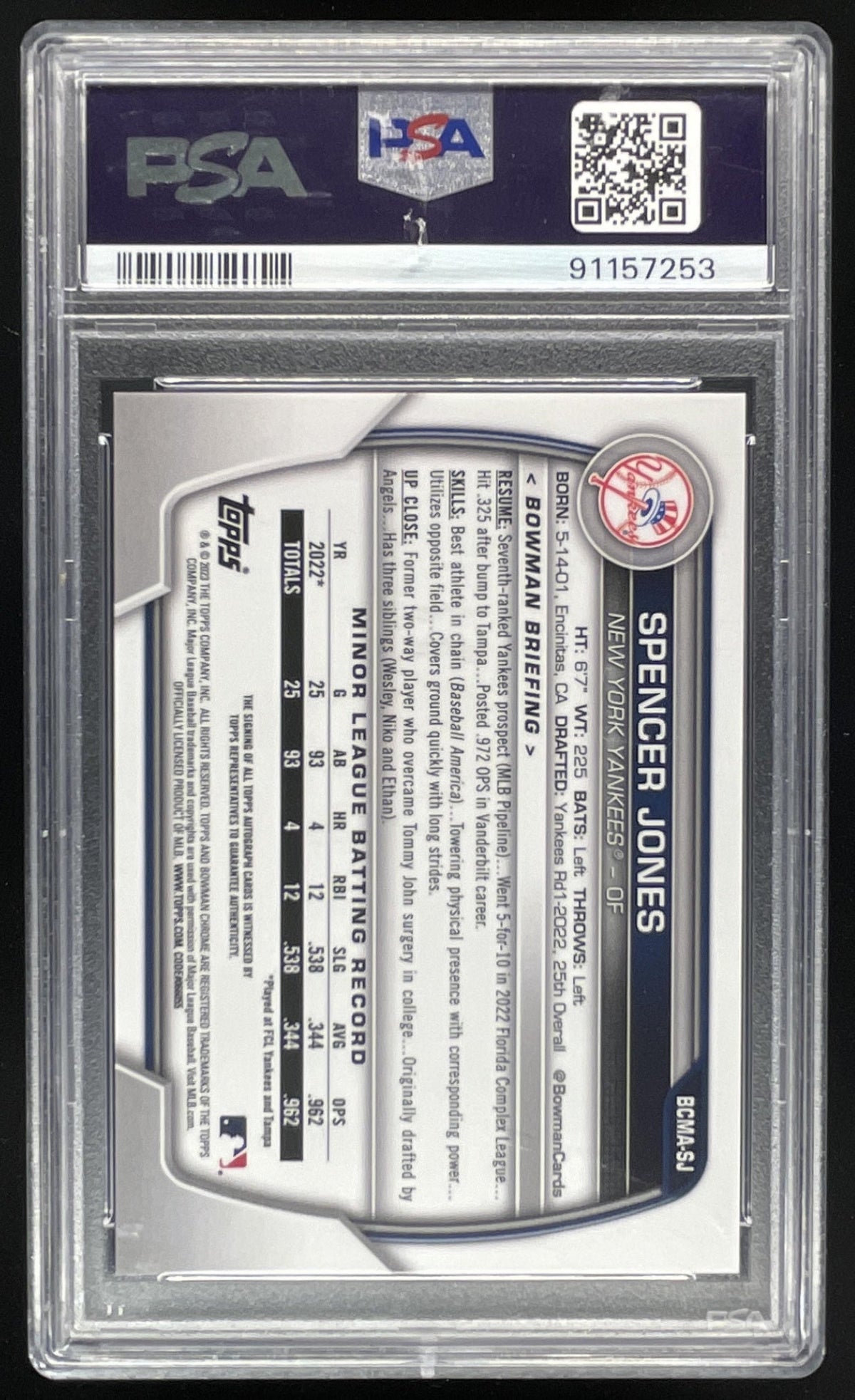 2023 Bowman Chrome Mojo Chrome Orange #BCMA-SJ Spencer Jones Auto /25 PSA 10 product image 2, provided for visual reference