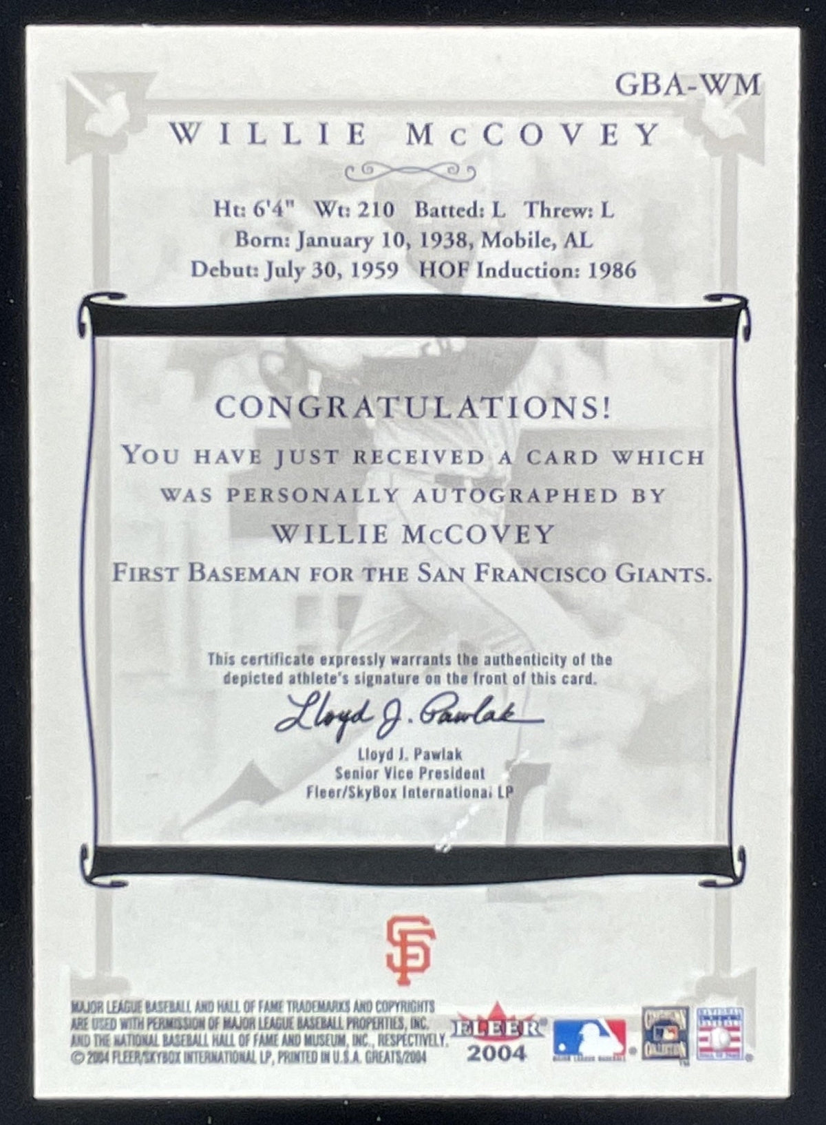 2004 Fleer Greats of the Game Autographs #GBA-WM Willie McCovey Auto product image 2, provided for visual reference and