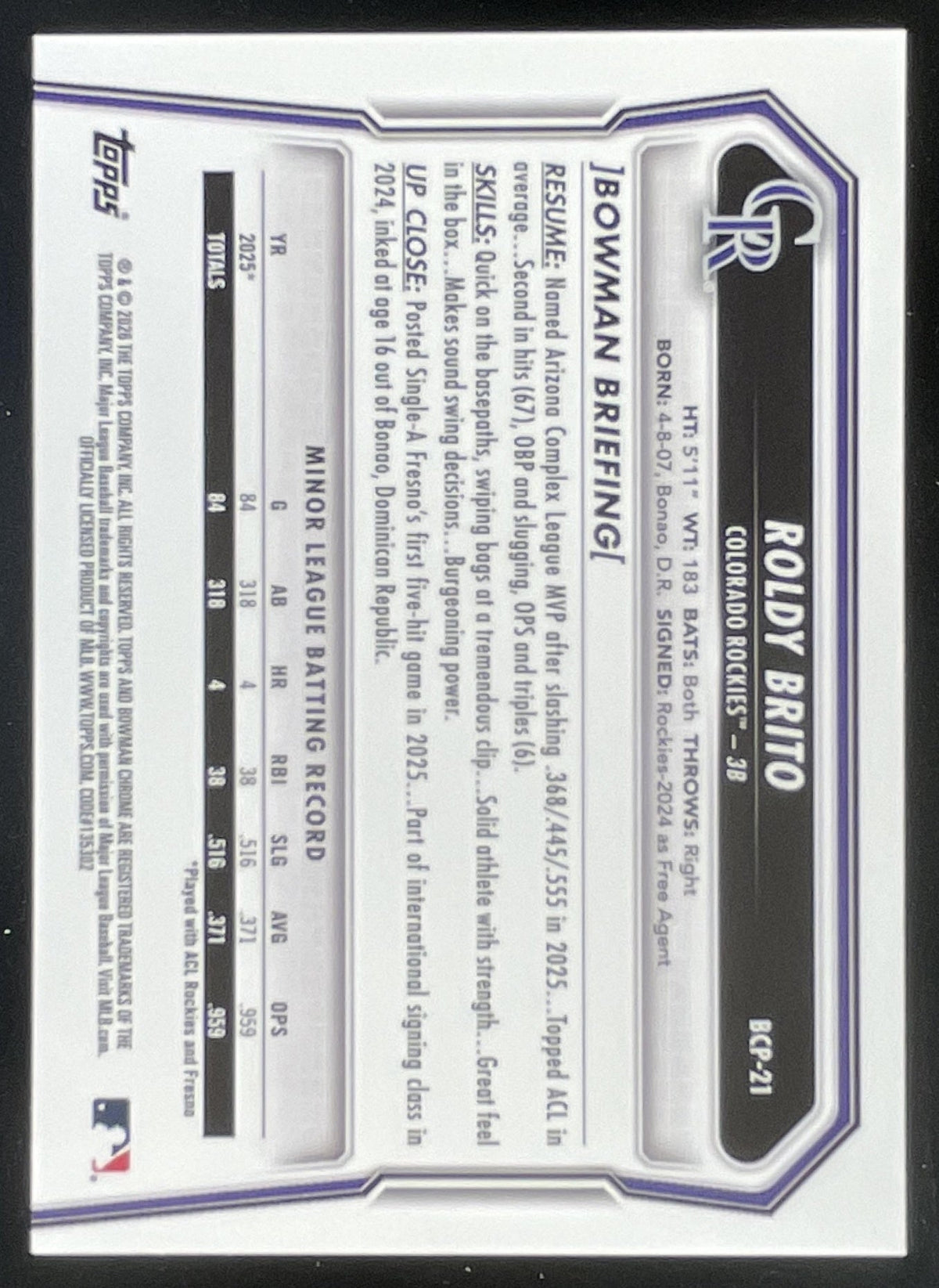 2026 Bowman Sapphire Chrome Prospects #BCP-21 Roldy Brito RC product image 2, provided for visual reference and product