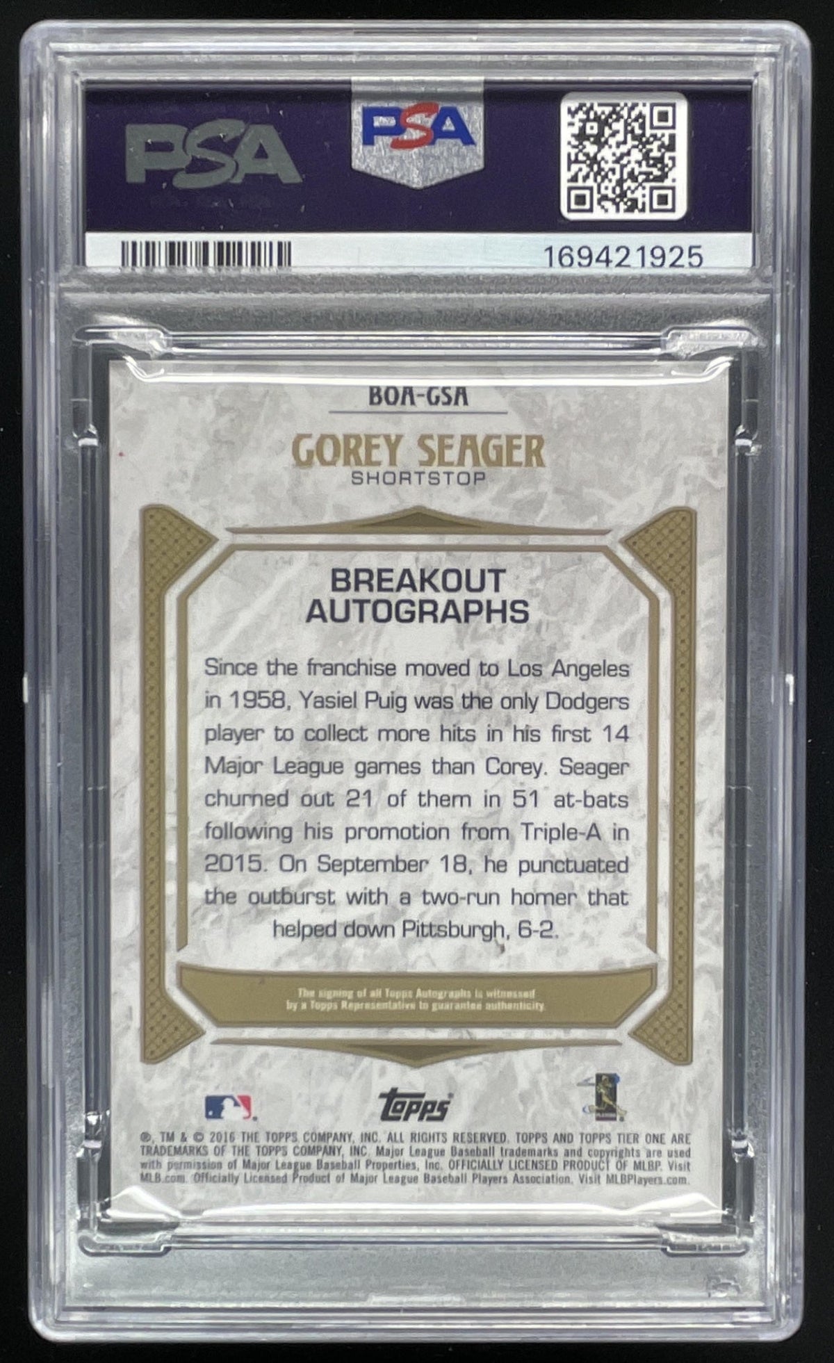 2016 Topps Tier One Breakout Copper Ink #BOA-CSE Corey Seager RC Auto /25 PSA 9 product image 2, provided for visual
