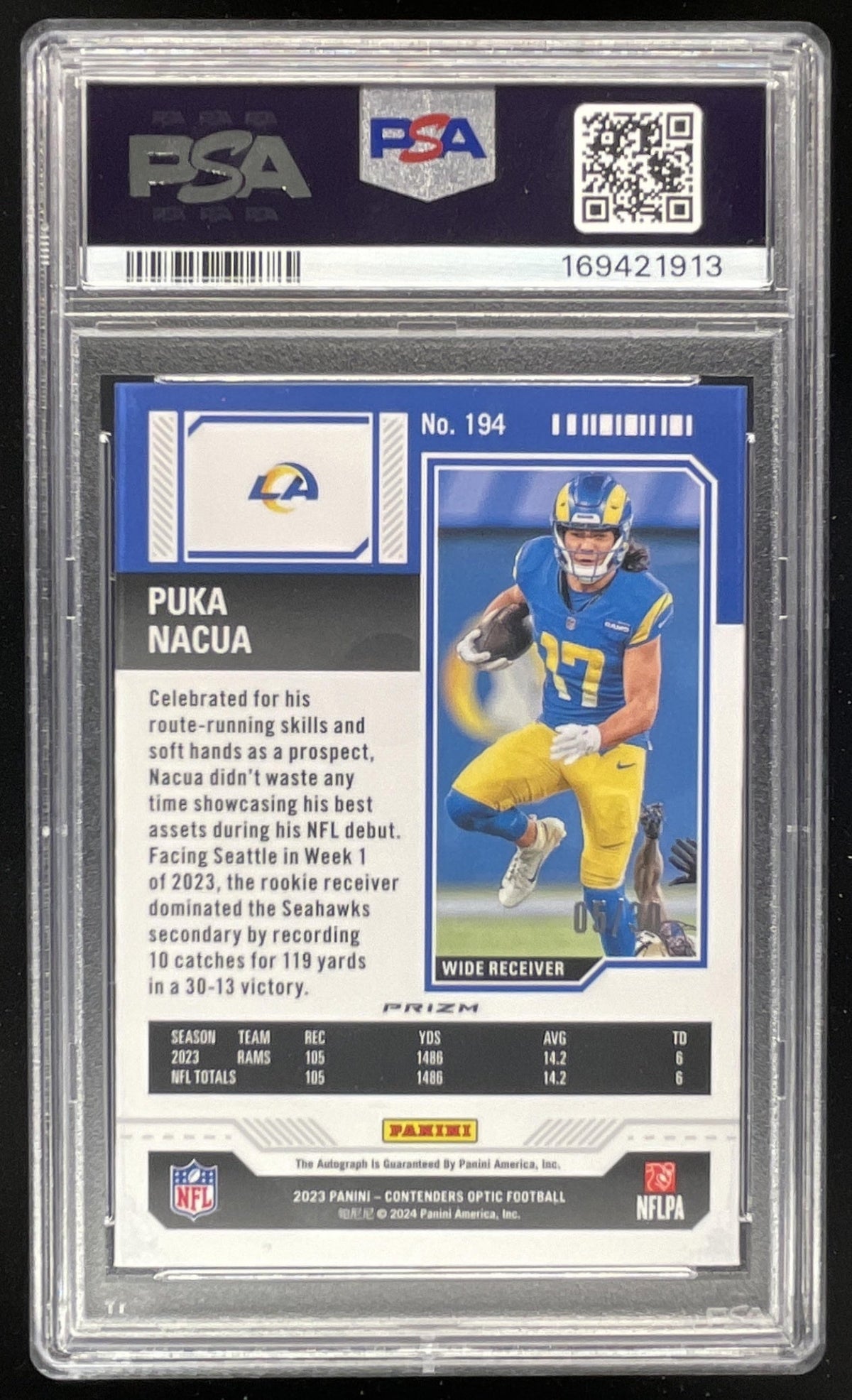 2023 Contenders Optic Green Pulsar #194 Puka Nacua RC Rookie Auto /30 PSA 10 product image 2, provided for visual reference