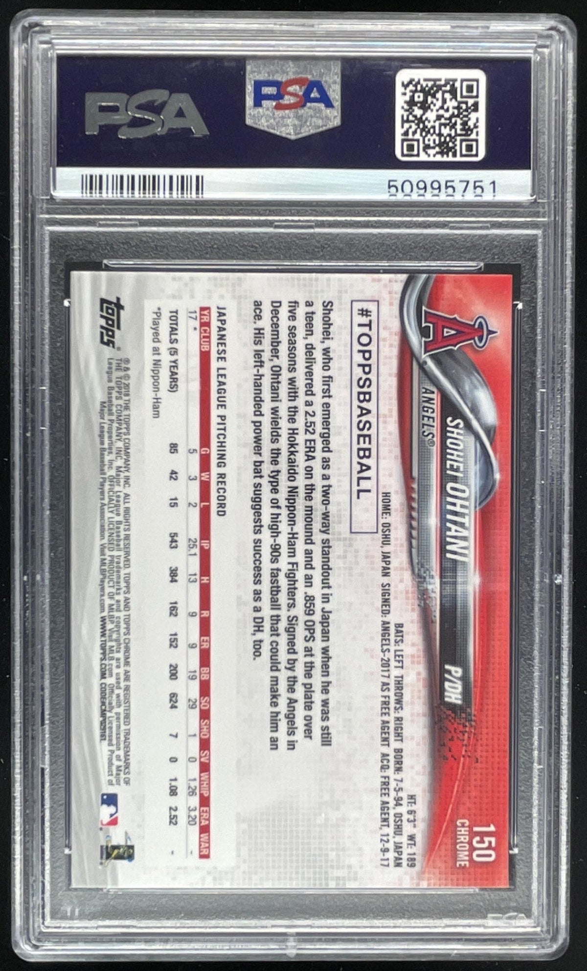 2018 Topps Chrome Prism Refractor #150 Shohei Ohtani RC PSA 9 product image 2, provided for visual reference and product