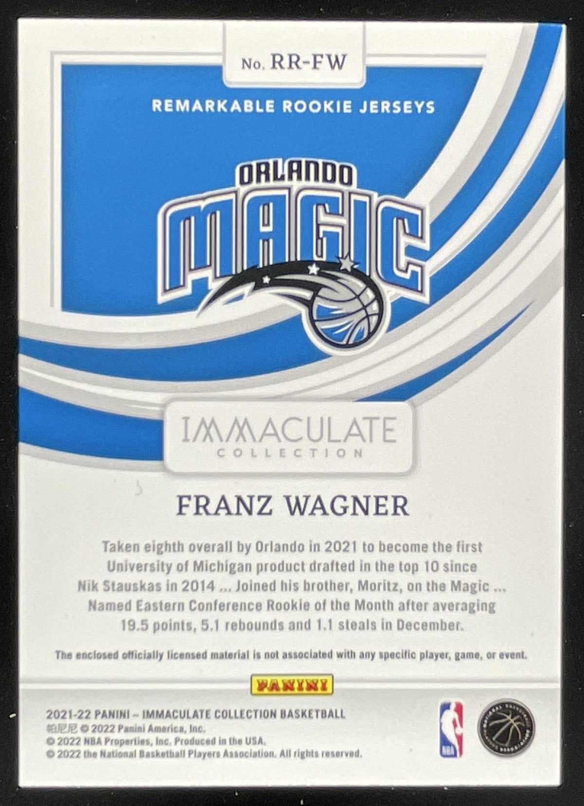 2021-22 Immaculate Collection Remarkable Rookie Jerseys #FW Franz Wagner RC /99 product image 2, provided for visual