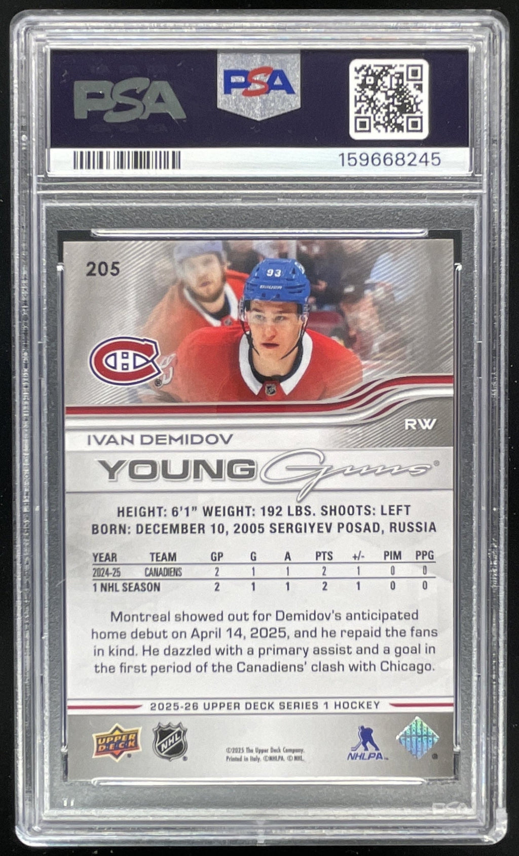 2025-26 Upper Deck Series 1 #205 Ivan Demidov Young Guns RC PSA 9 product image 2, provided for visual reference and product