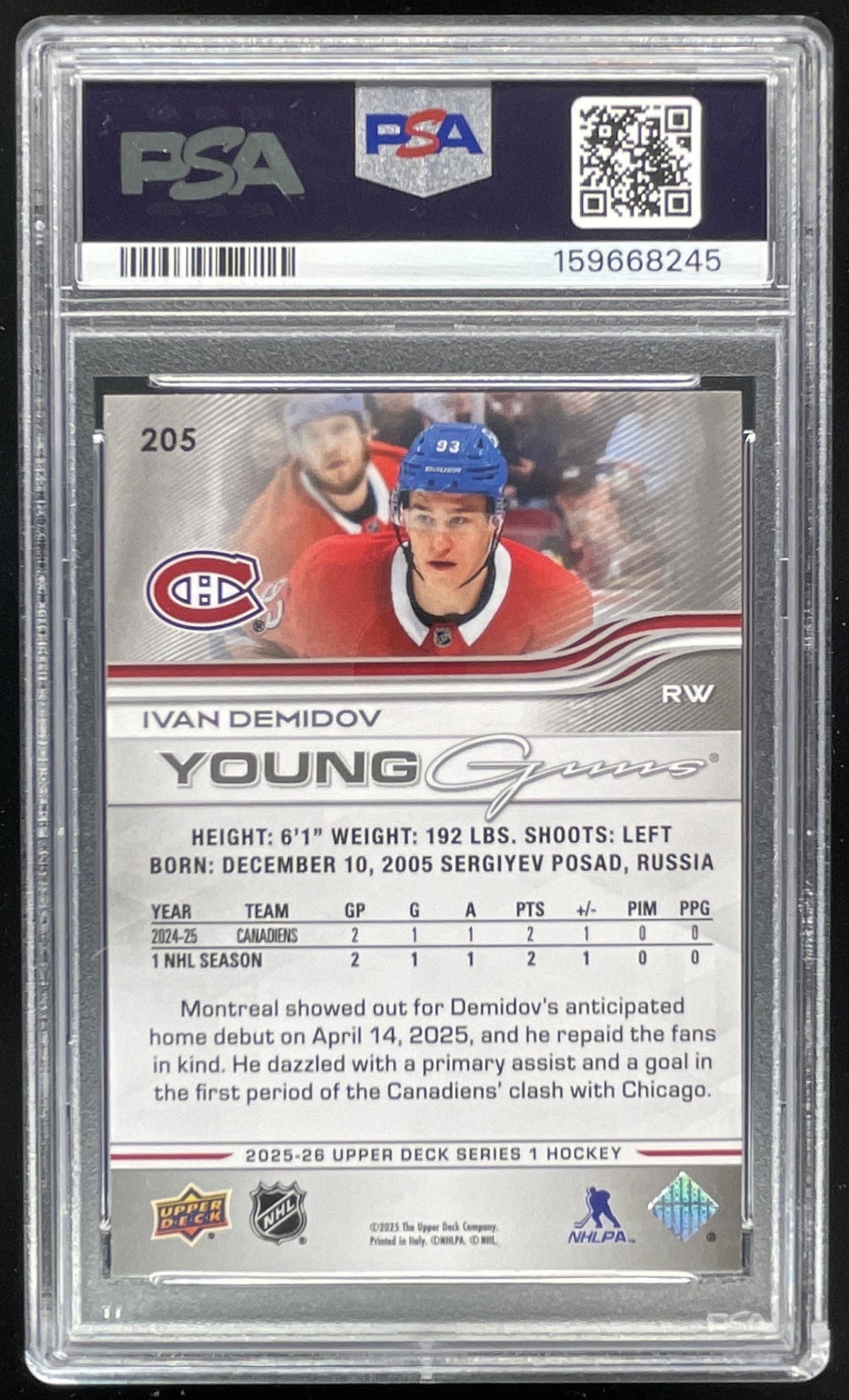 2025-26 Upper Deck Series 1 #205 Ivan Demidov Young Guns RC PSA 9 product image 2, provided for visual reference and product