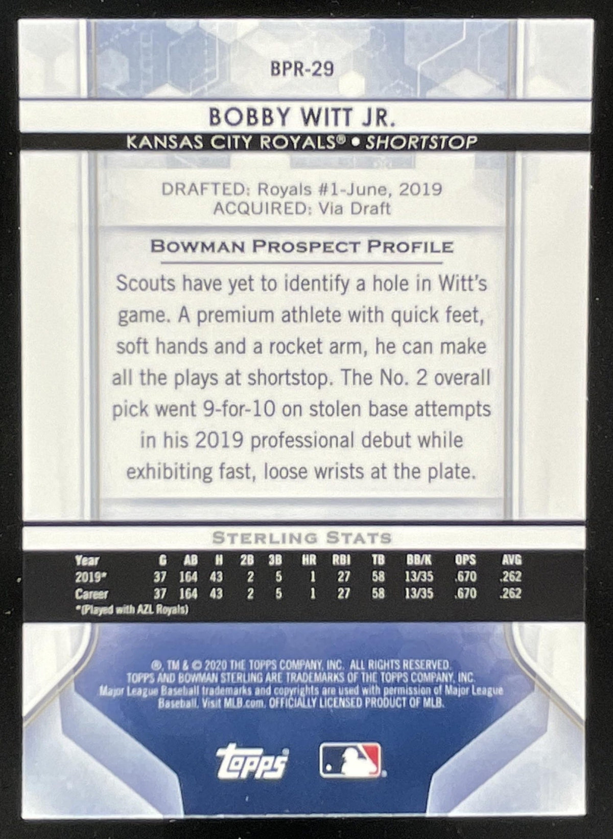 2020 Bowman Sterling #BPR-29 Bobby Witt Jr. product image 2, provided for visual reference and product detail review