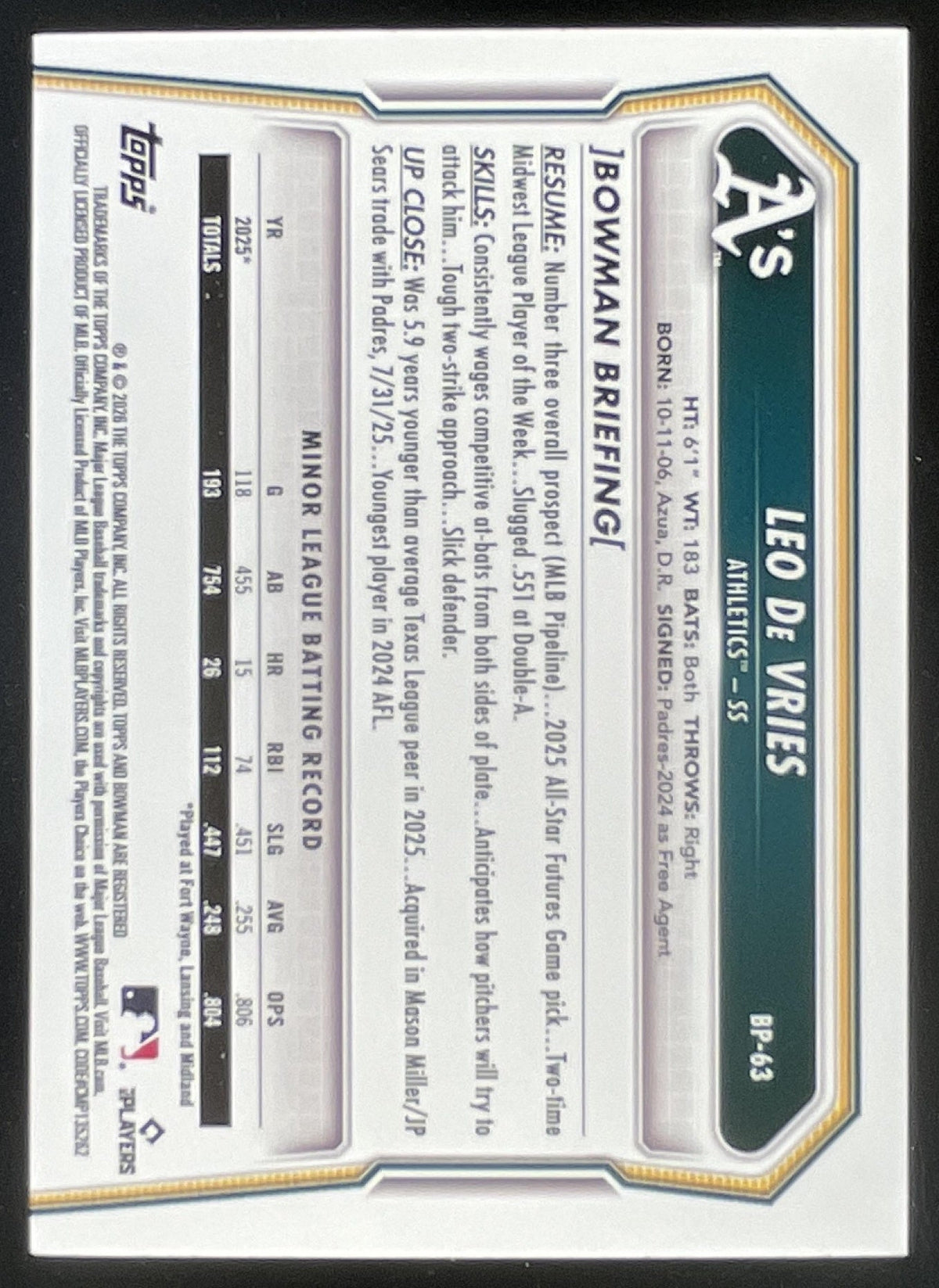 2026 Bowman Prospects Purple Border #BP-63 Leo De Vries /250 product image 2, provided for visual reference and product