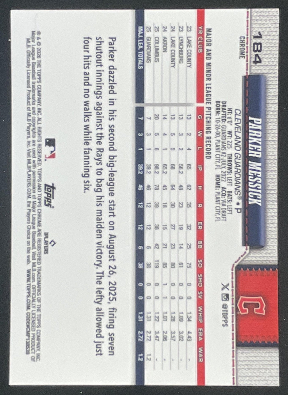 2026 Topps Chrome Purple Wave Refractor #184 Parker Messick RC /75 product image 2, provided for visual reference and