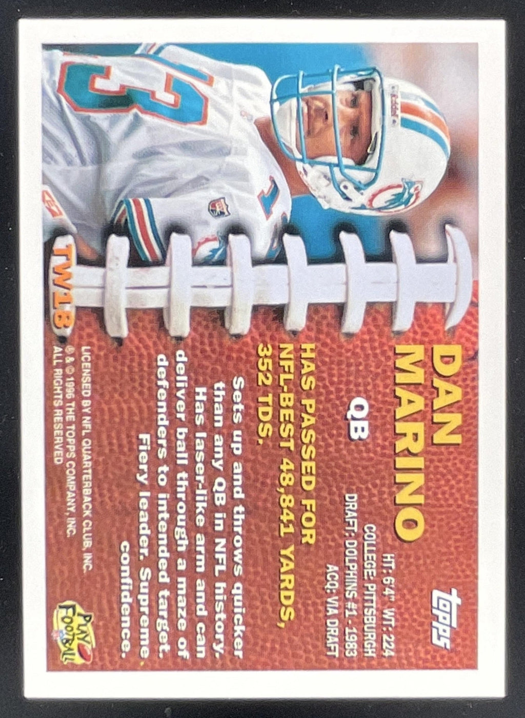 1996 Topps Turf Warriors #TW18 Dan Marino product image 2, provided for visual reference and product detail review