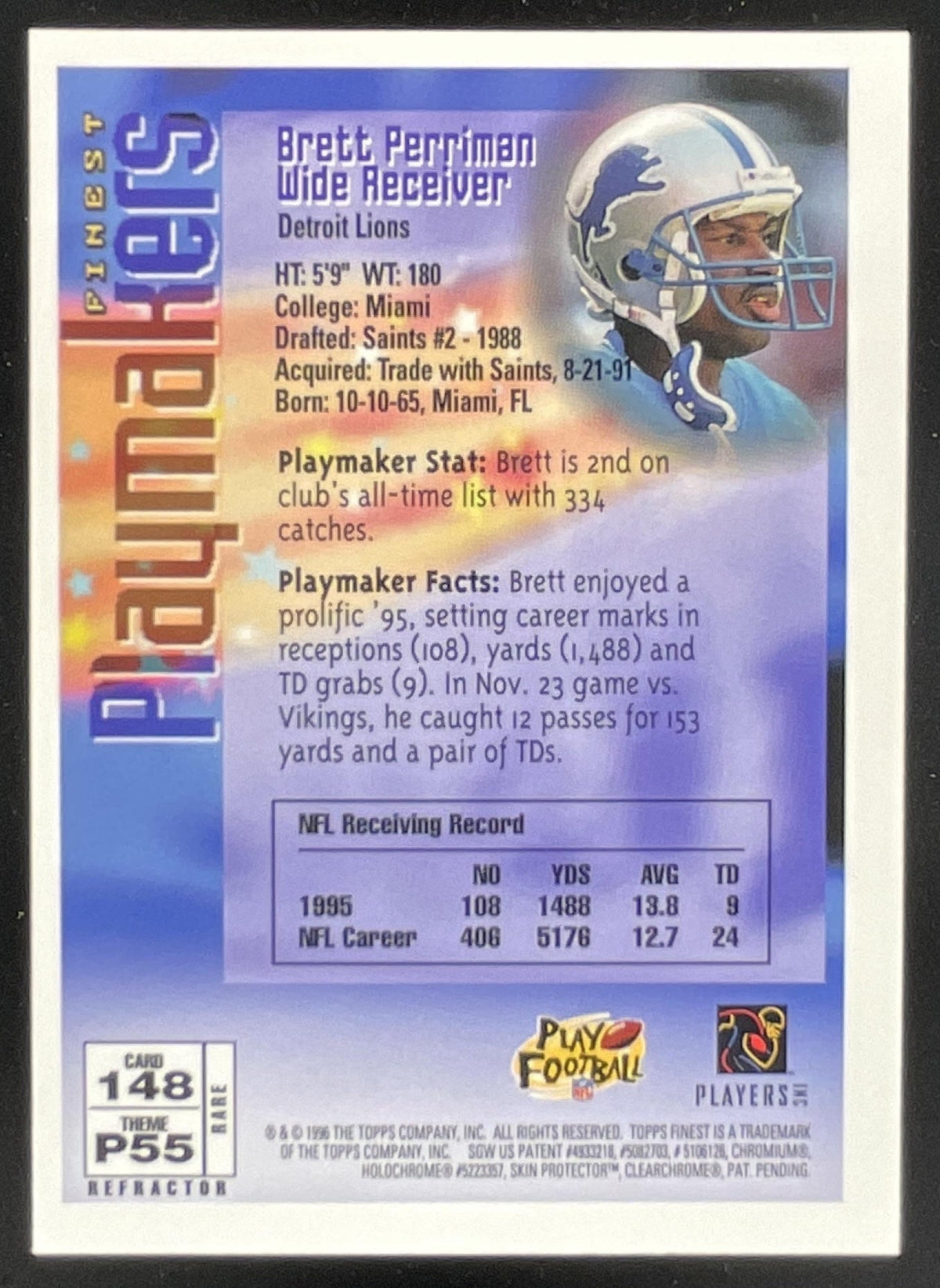 1996 Topps Finest Rare Gold Refractors #148 Brett Perriman product image 2, provided for visual reference and product detail
