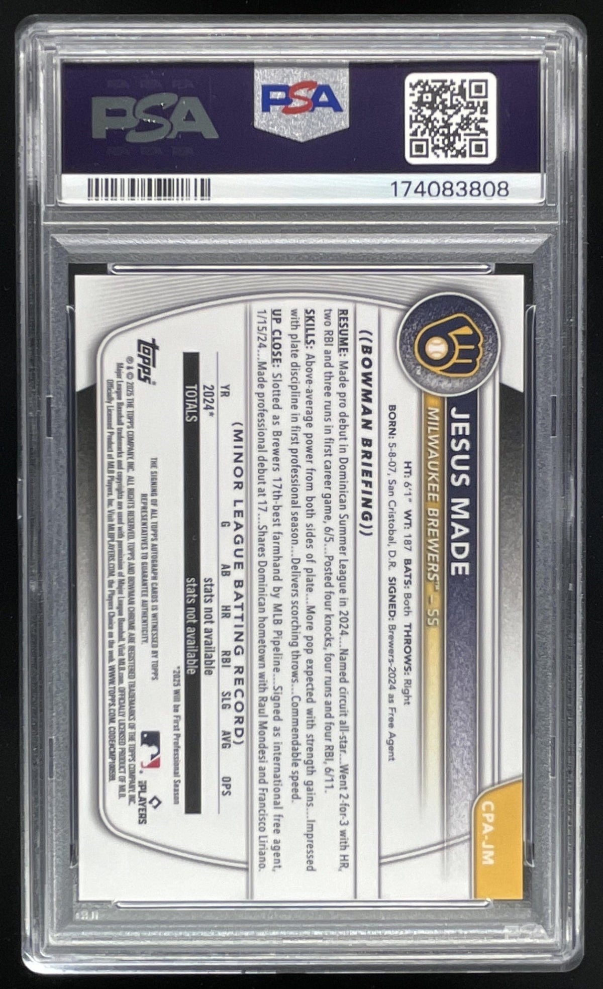 2025 Bowman Chrome Prospect Green Shimmer #CPA-JM Jesus Made RC Auto /99 PSA 9 product image 2, provided for visual