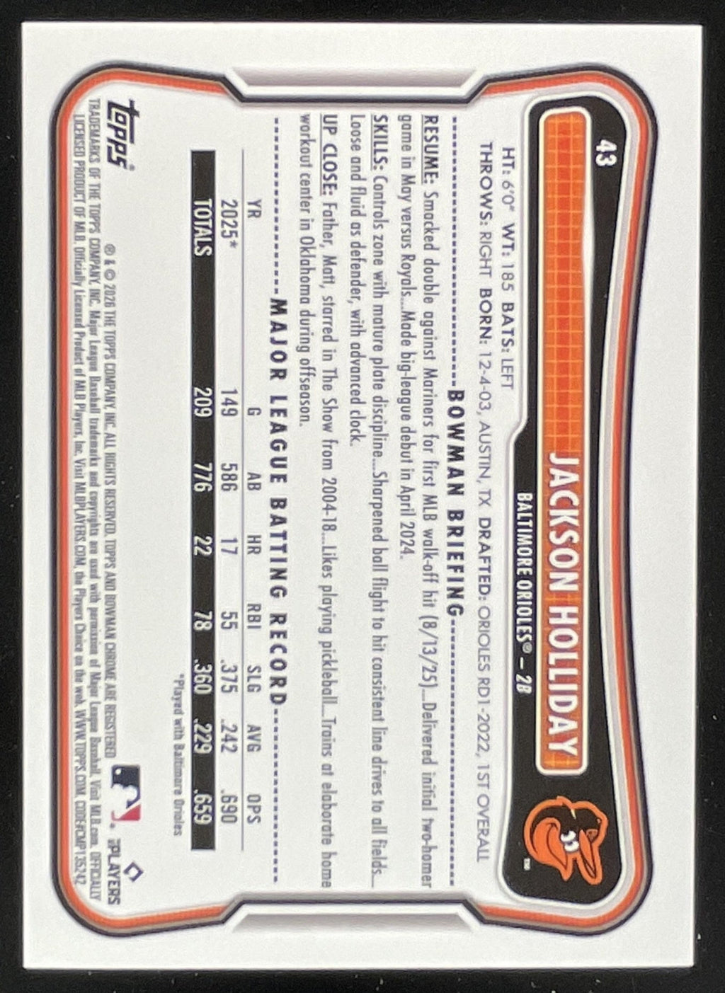 2026 Bowman Blue Pattern #43 Jackson Holliday /150 product image 2, provided for visual reference and product detail review