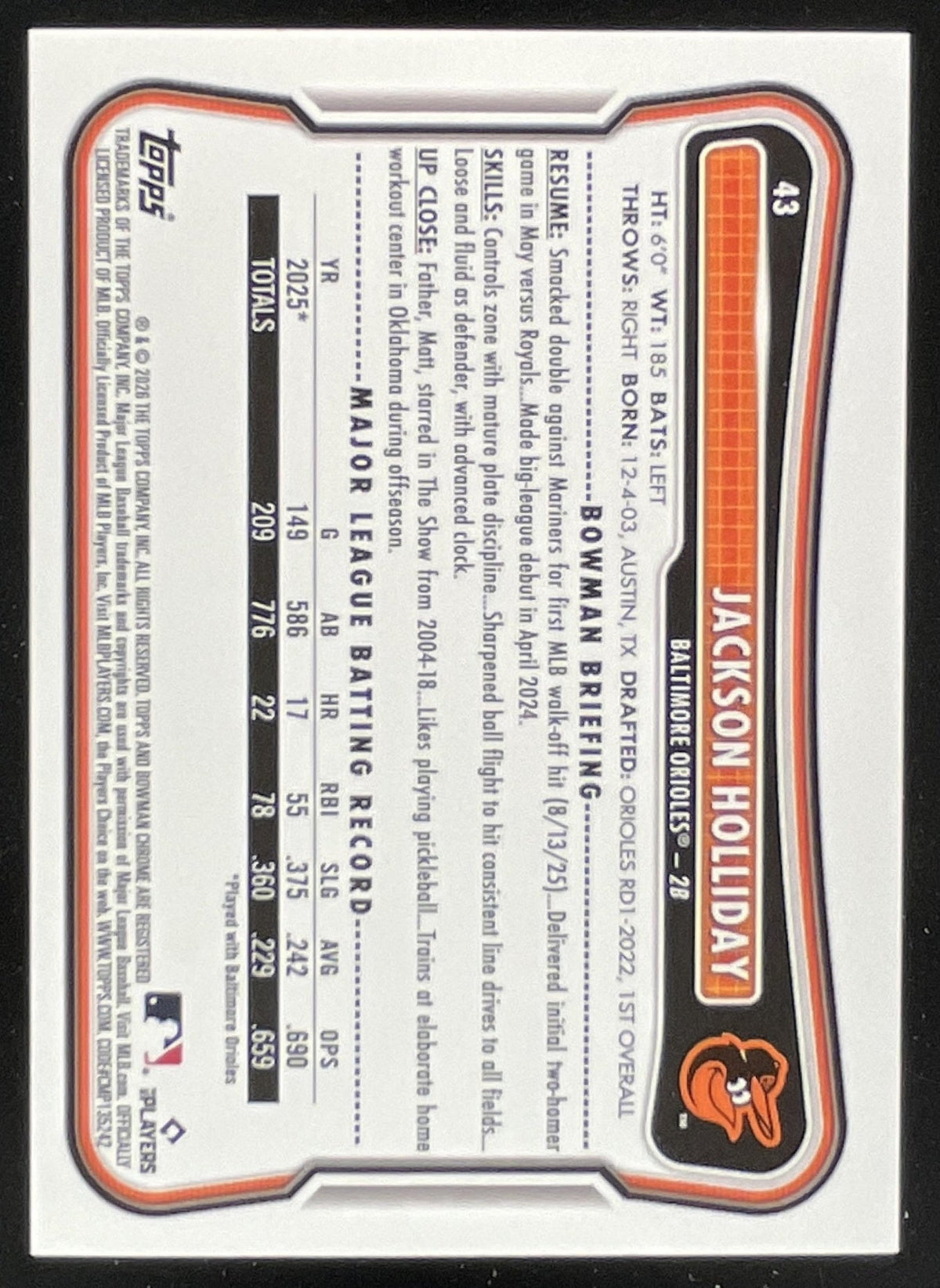 2026 Bowman Blue Pattern #43 Jackson Holliday /150 product image 2, provided for visual reference and product detail review