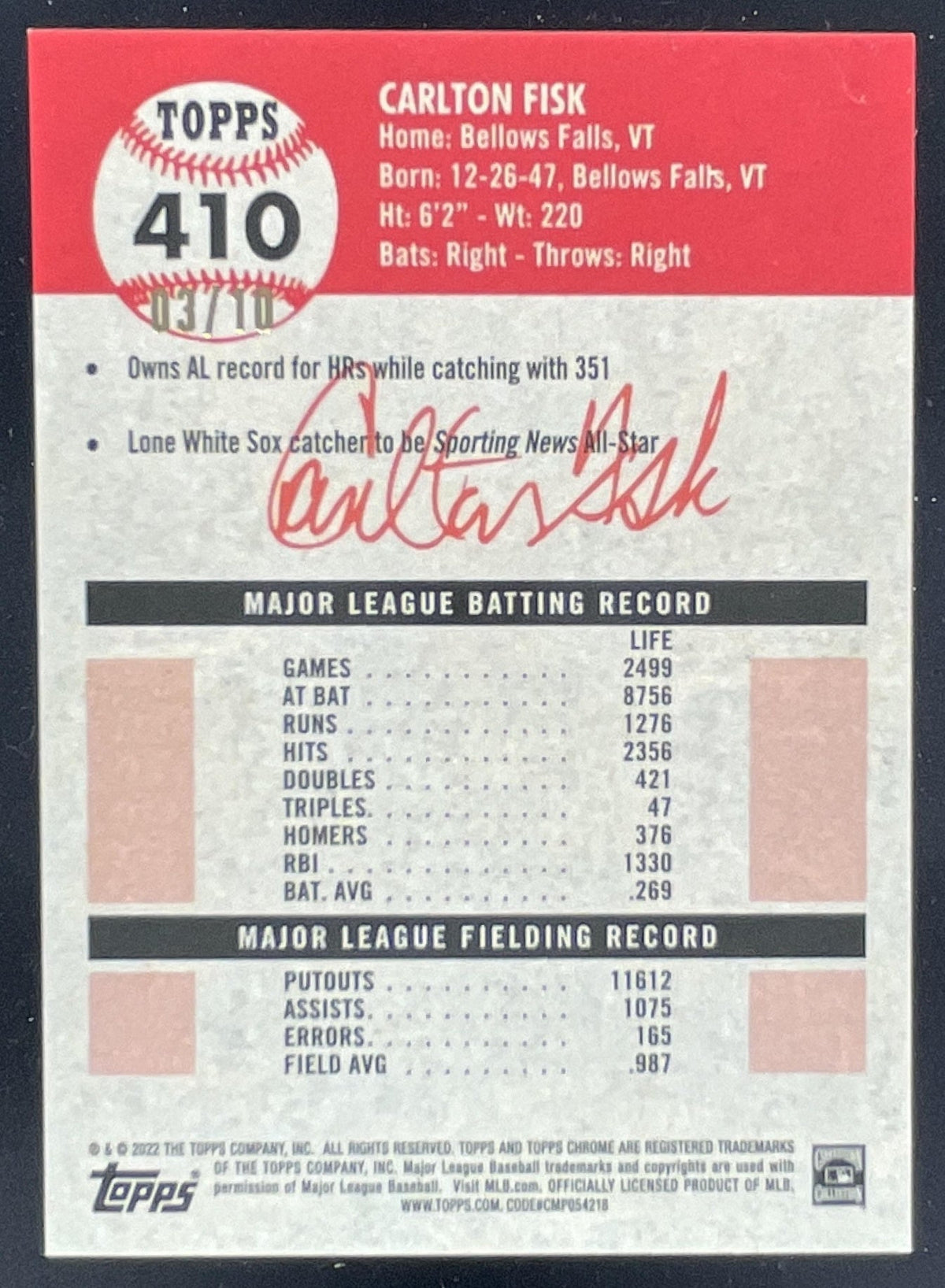 2022 Topps Chrome Platinum Anniversary Toile Cream/Black #410 Carlton Fisk /10 product image 2, provided for visual