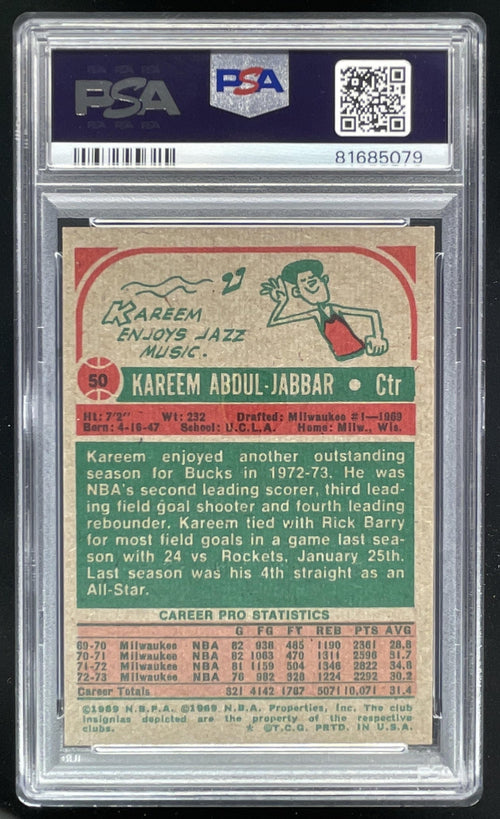 1973-74 Topps #50 Kareem Abdul-Jabbar All-Star PSA 8 product image 2, provided for visual reference and product detail review