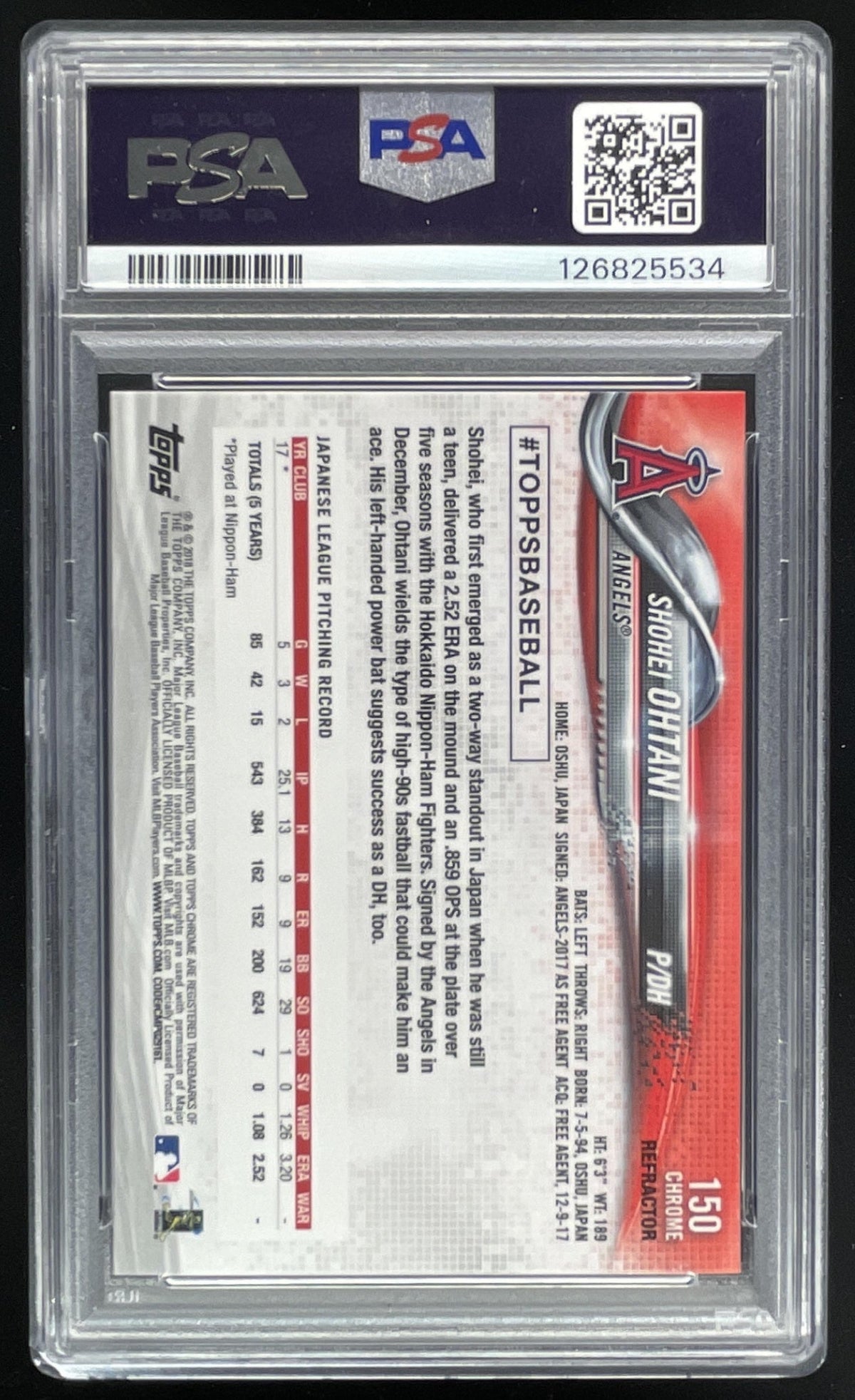 2018 Topps Chrome Refractor #150 Shohei Ohtani RC PSA 10 product image 2, provided for visual reference and product detail