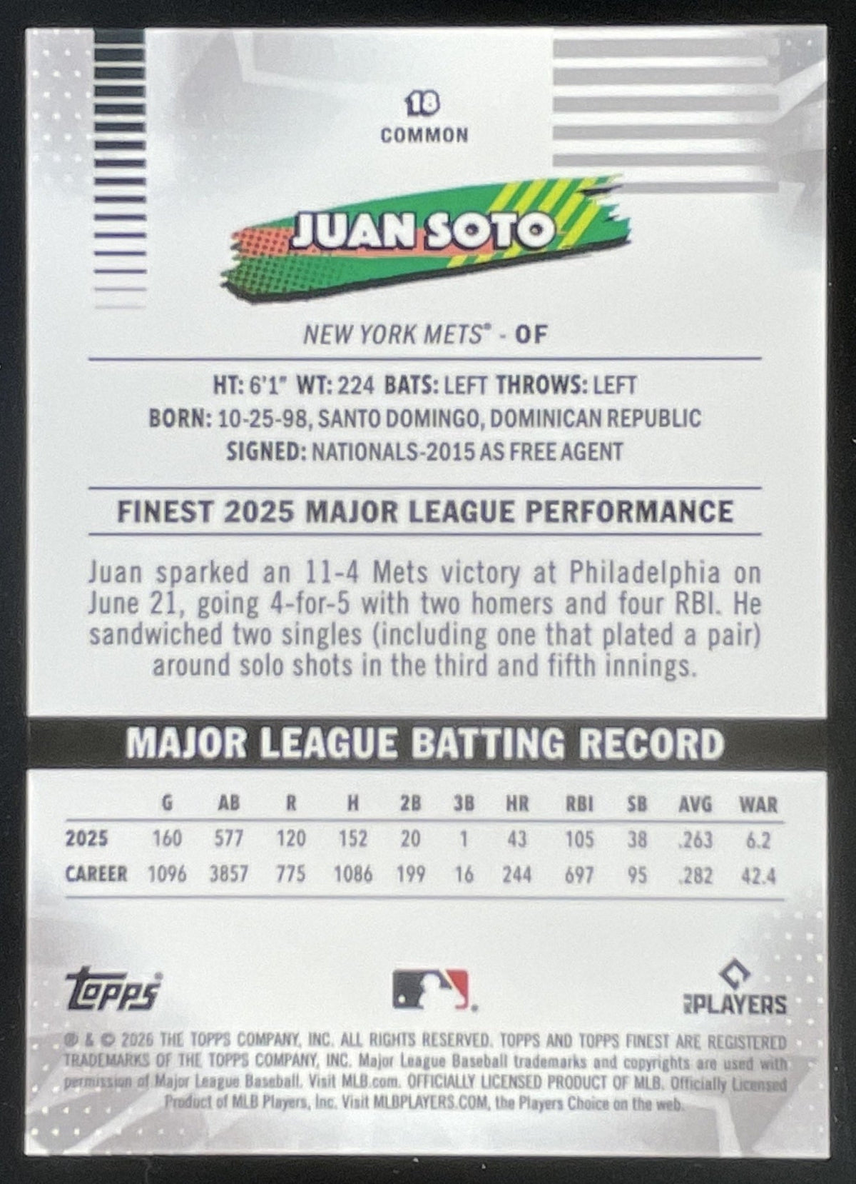 2026 Topps Finest Blue Refractor #18 Juan Soto /150 product image 2, provided for visual reference and product detail review