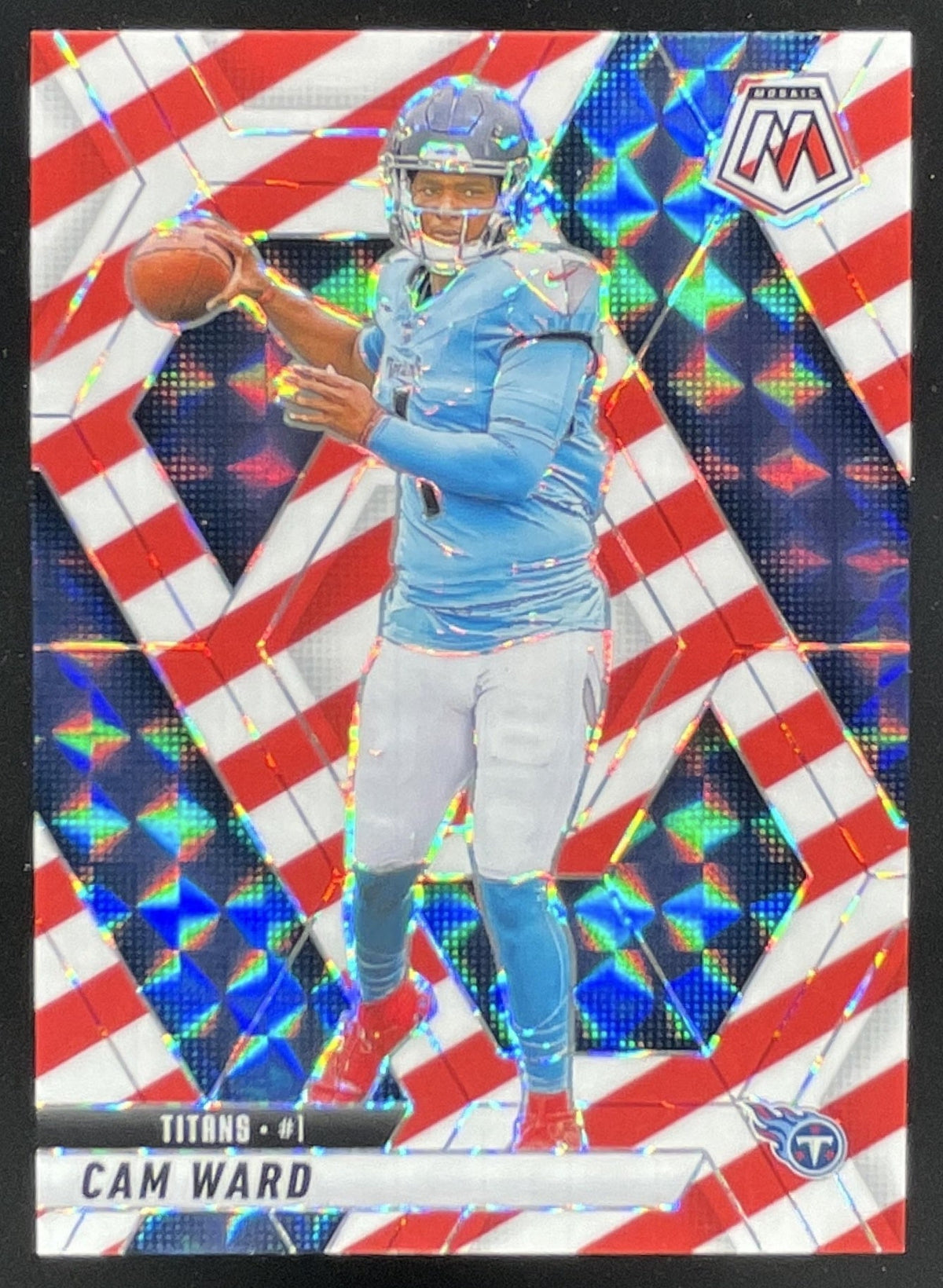 2025 Panini Mosaic Rookies Red and White Stripe Prizm #382 Cam Ward RC product image 1, provided for visual reference and