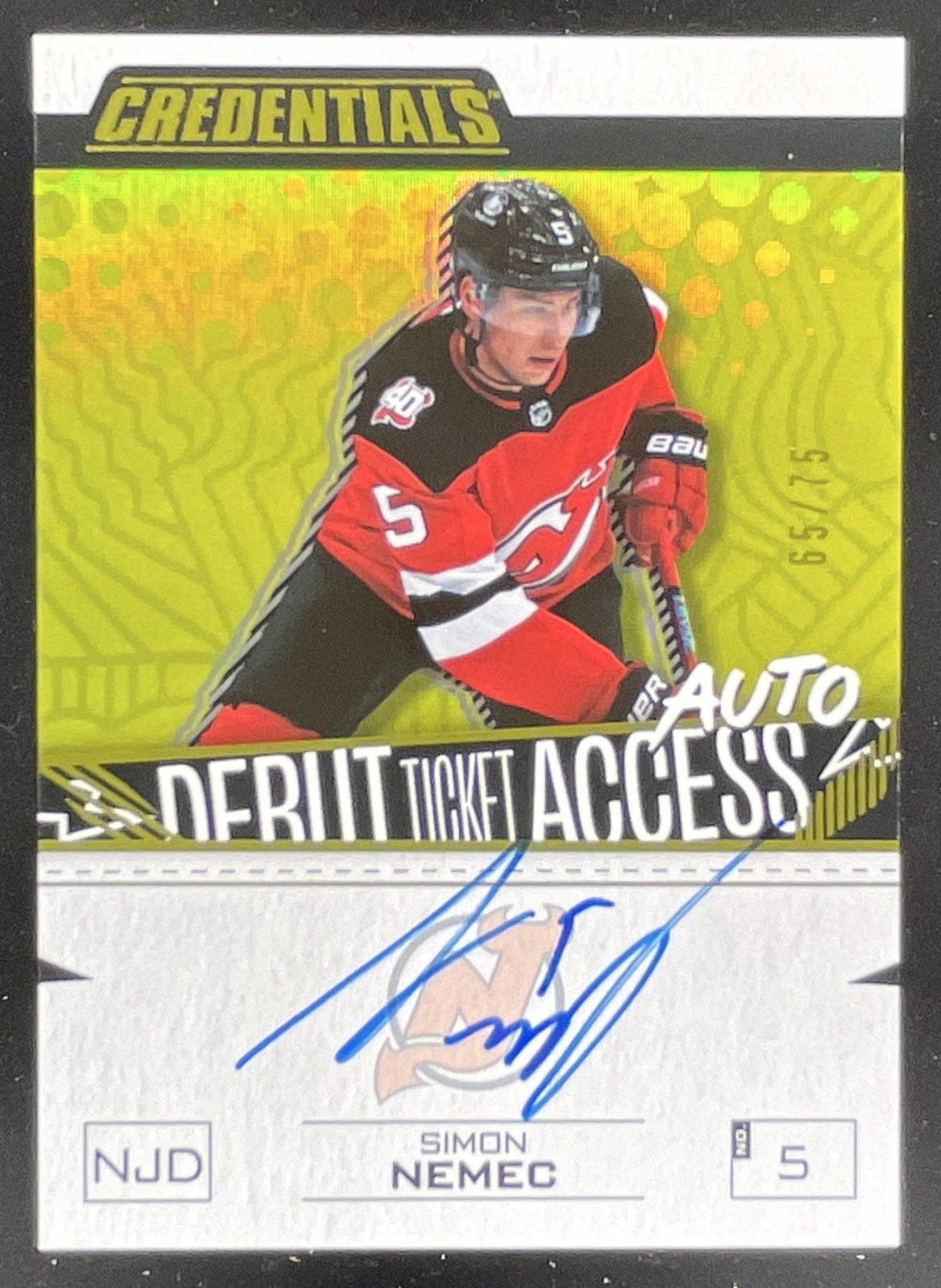 2023 Upper Deck Credentials Debut Ticket Access Yellow Simon Nemec RC Auto /75 product image 1, provided for visual