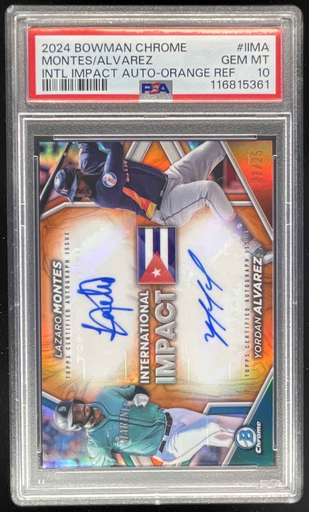 2024 Bowman Chrome Impact Orange Lazaro Montes Yordan Alvarez Auto /25 PSA 10 product image 1, provided for visual reference