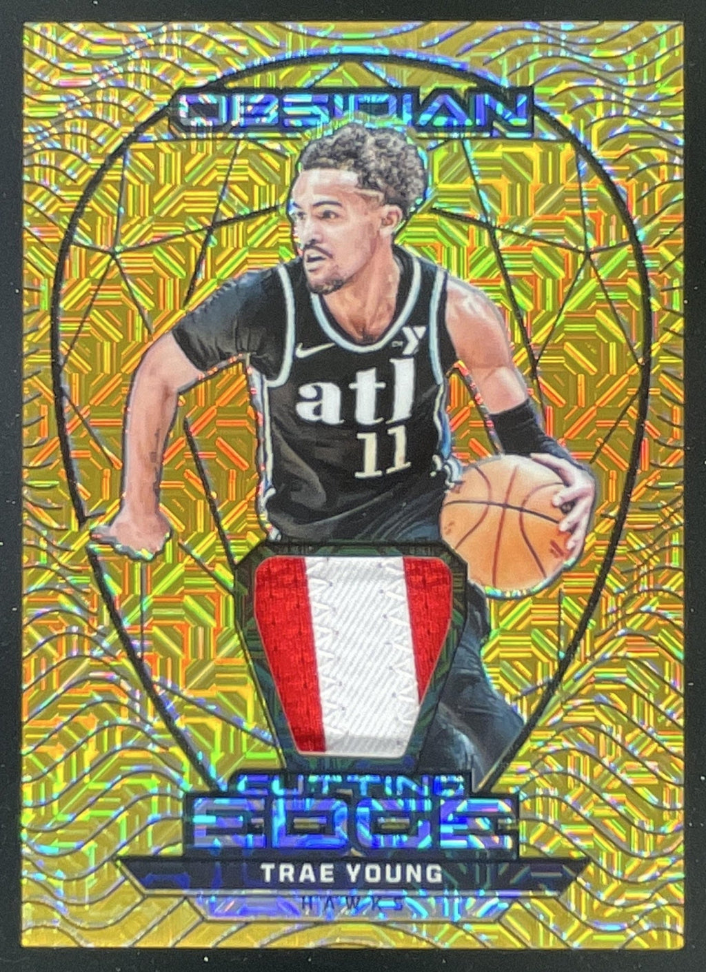 2023-24 Obsidian Cutting Edge Memorabilia Gold Flood #CE-TRA Trae Young /10 product image 1, provided for visual reference