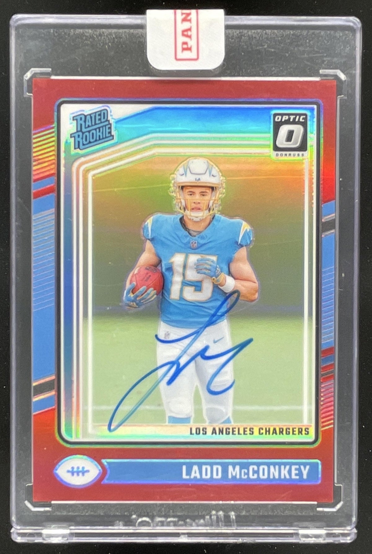 2024 Panini Donruss Optic Autograph Red #266 Ladd McConkey RC Auto /75 product image 1, provided for visual reference and