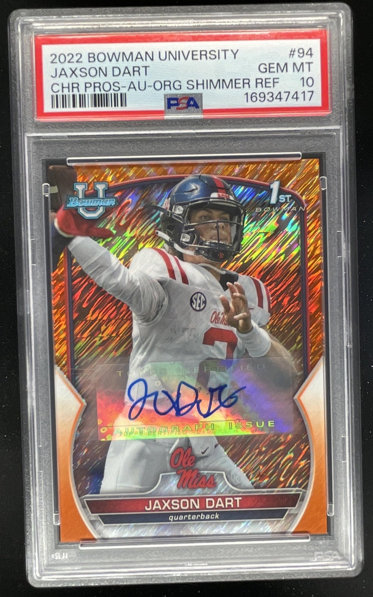 2022 Bowman University Chrome Orange Shimmer #94 Jaxson Dart /25 PSA 10 product image 1, provided for visual reference and