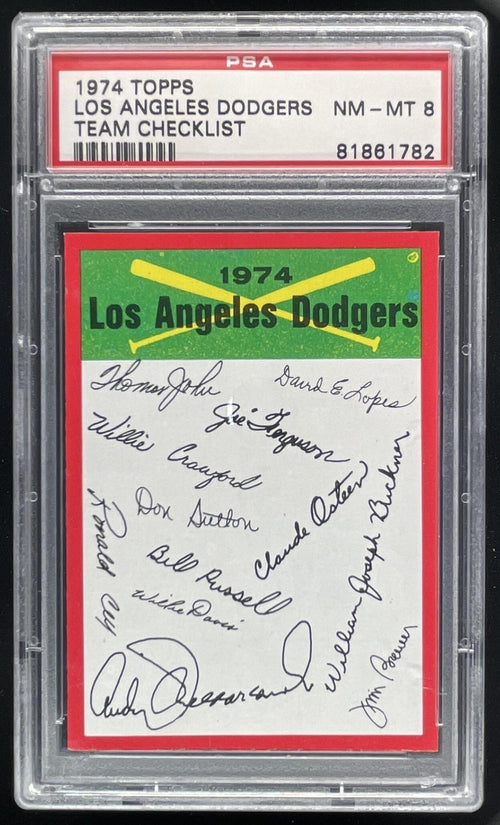 1974 Topps #NNO Los Angeles Dodgers Team Checklist PSA 8 product image 1, provided for visual reference and product detail