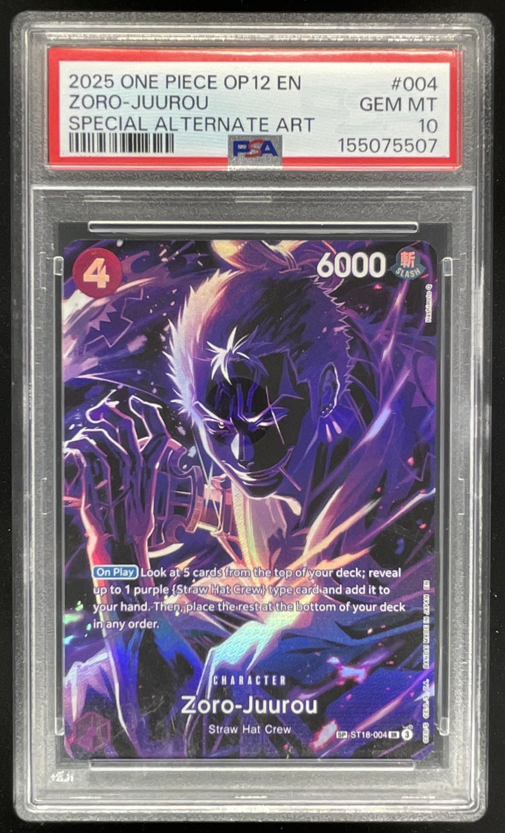 2025 One Piece OP12 EN #004 Zoro-Juurou Special Alternate Art PSA 10 product image 1, provided for visual reference and