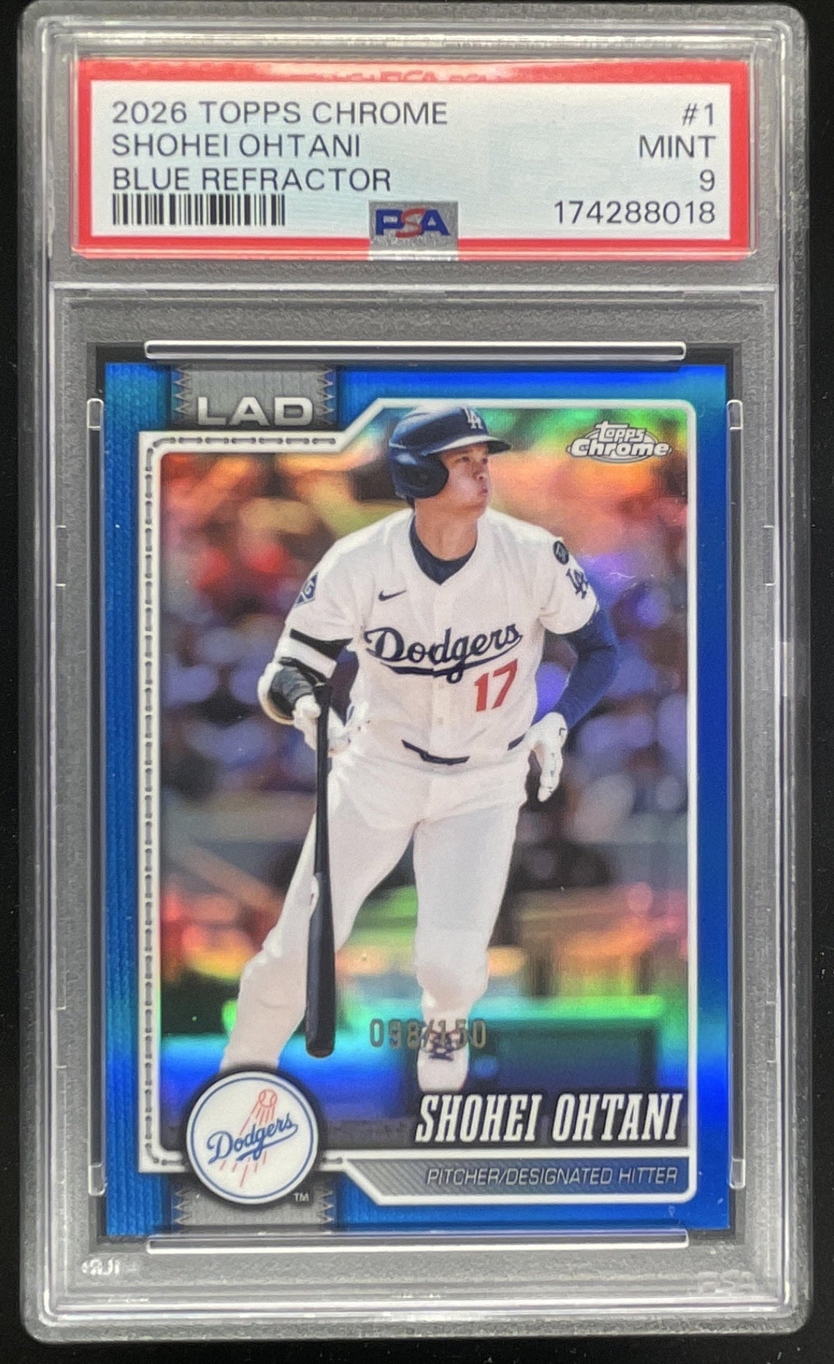 2026 Topps Chrome Blue Refractor #1 Shohei Ohtani /150 PSA 9 product image 1, provided for visual reference and product