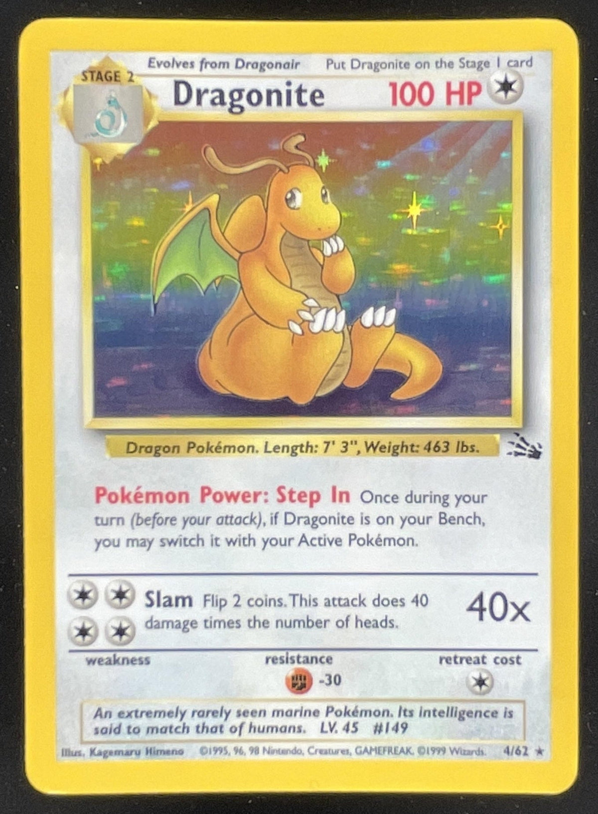 1999 Pokemon Fossil #4/62 Dragonite product image 1, provided for visual reference and product detail review