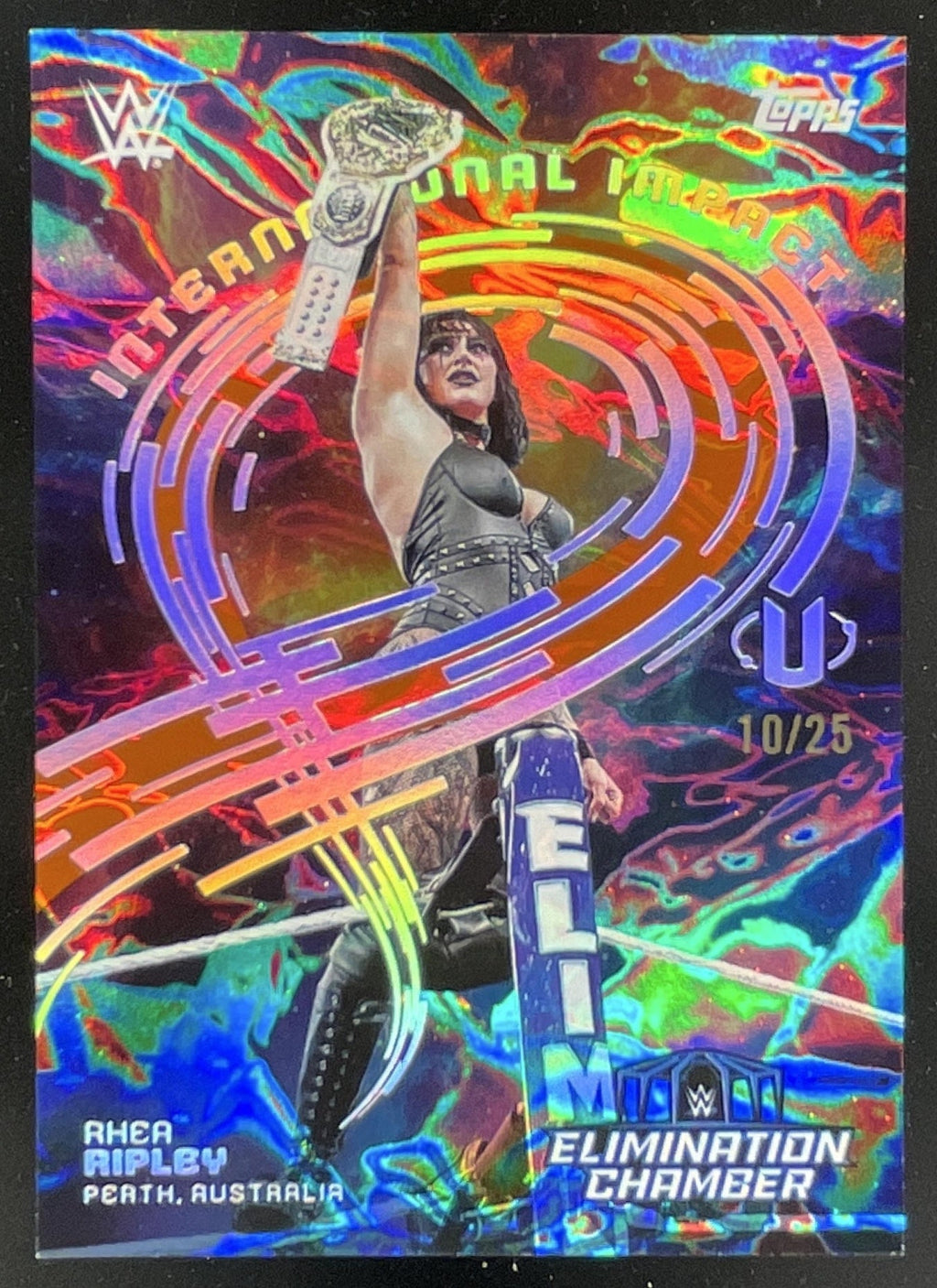 2025 Topps Universe WWE International Impact Orange Warp #IIM-5 Rhea Ripley /25 product image 1, provided for visual