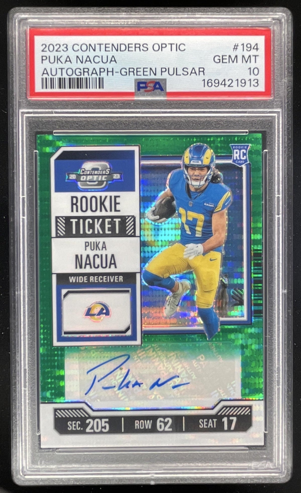 2023 Contenders Optic Green Pulsar #194 Puka Nacua RC Rookie Auto /30 PSA 10 product image 1, provided for visual reference
