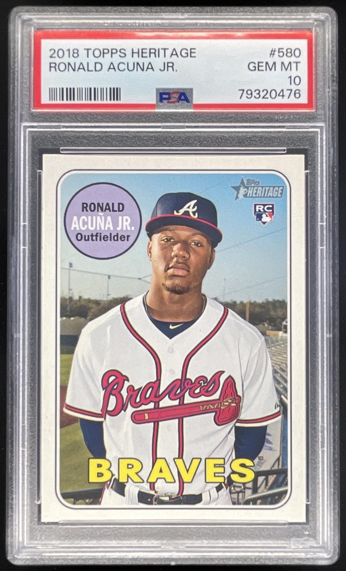 2018 Topps Heritage #580 Ronald Acuna Jr. RC PSA 10 product image 1, provided for visual reference and product detail review
